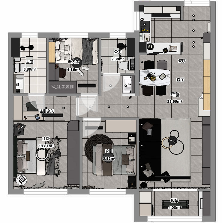 蒋琛|锦绣公馆6-508-88㎡-现代简约风格|3室2厅2卫1厨1阳台|新房装修|定制家|全包12万|00_03平面彩图