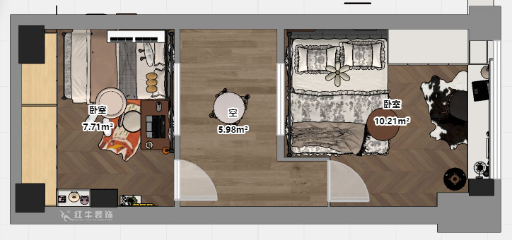 朱明琪|毅达中心4-1710-35㎡挑高-中古风|2室1厅1卫|老房装修|定制家|全包9万|00_04平面彩图2