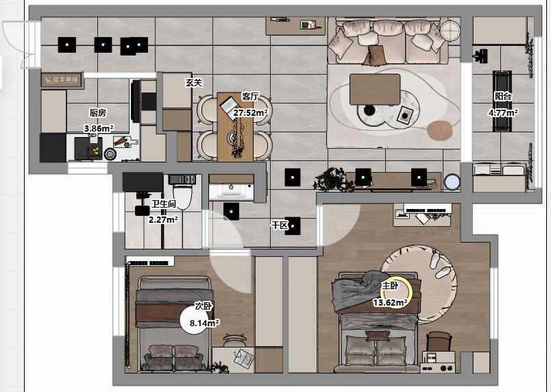 刘小勇|望江春和园8-1904-80㎡-现代简约风格|2室1厅1卫1厨1阳台|新房装修|定制家|全包9万|00_03平面彩图