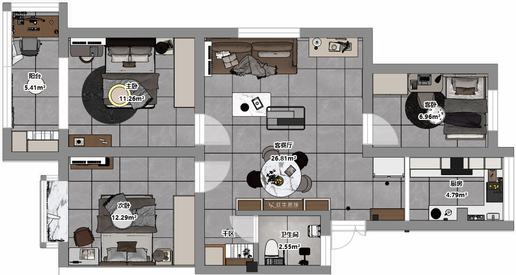 刘小勇｜银龙花园二期122-108-90㎡-现代简约风格｜3室1厅1卫1厨1阳台｜老房装修｜定制家｜全包9万｜00_03平面彩图