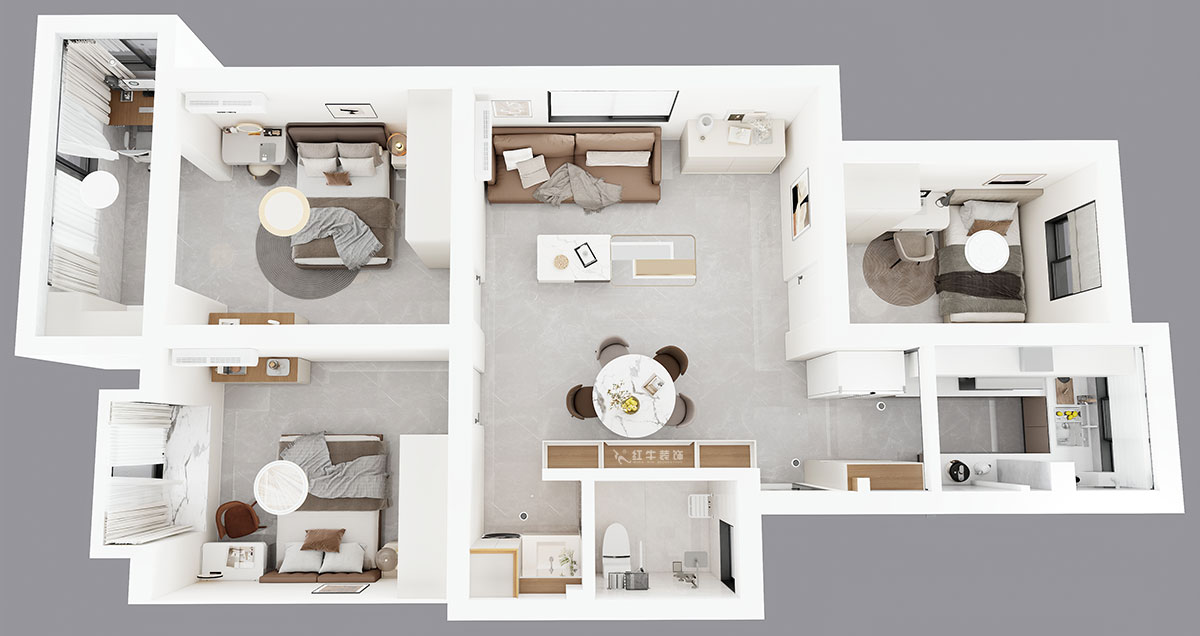 刘小勇｜银龙花园二期122-108-90㎡-现代简约风格｜3室1厅1卫1厨1阳台｜老房装修｜定制家｜全包9万｜00_04鸟瞰图